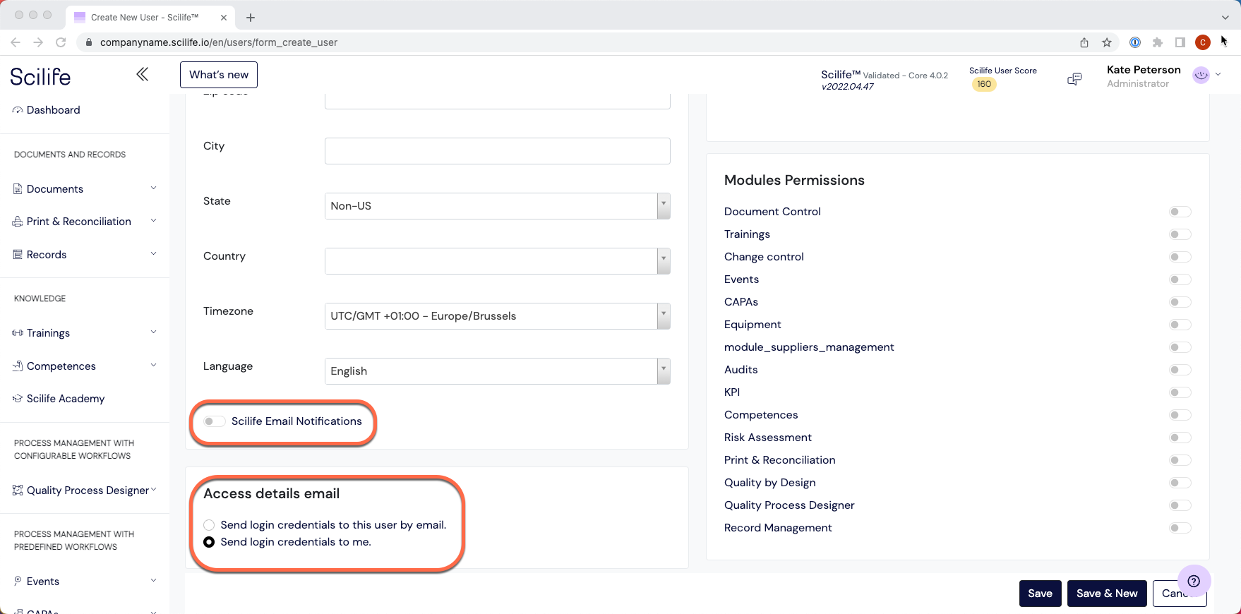 the user creation form with the dummy email address, notifications switched off and the "send credentials to" field pointing to your own address