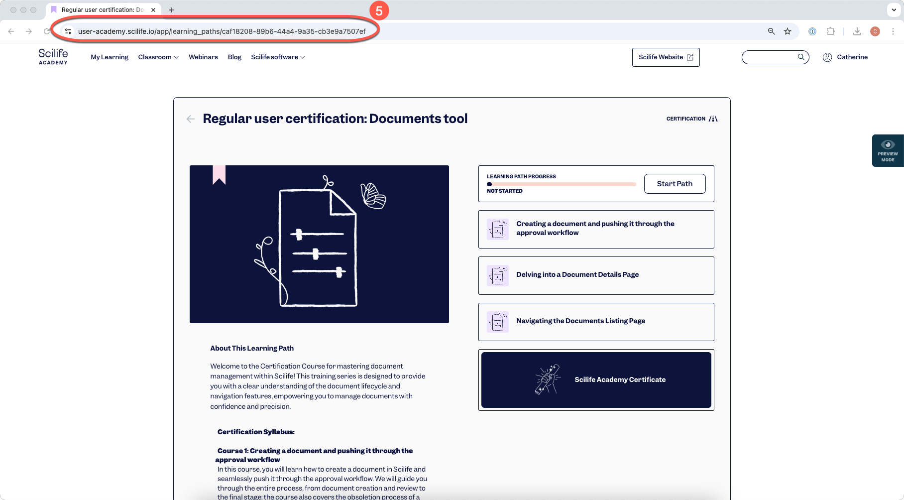 The certification page with the URL to copy